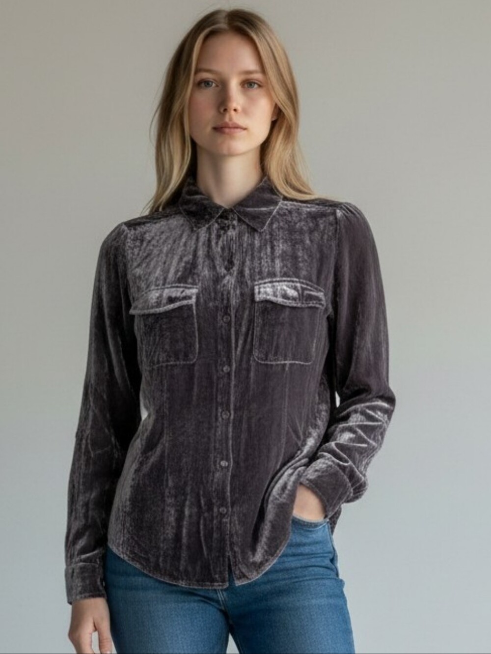 Ecru Gray Crushed Velvet Button Down Top